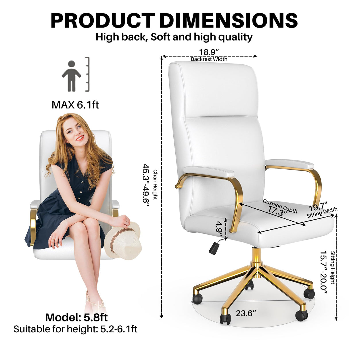 White and Gold Office Chair - Memory Foam High Back Executive Desk Chair