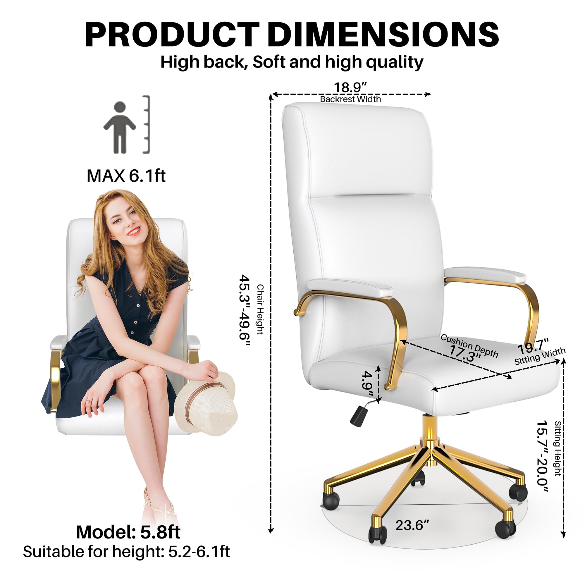 White and Gold Office Chair - Memory Foam High Back Executive Desk Chair