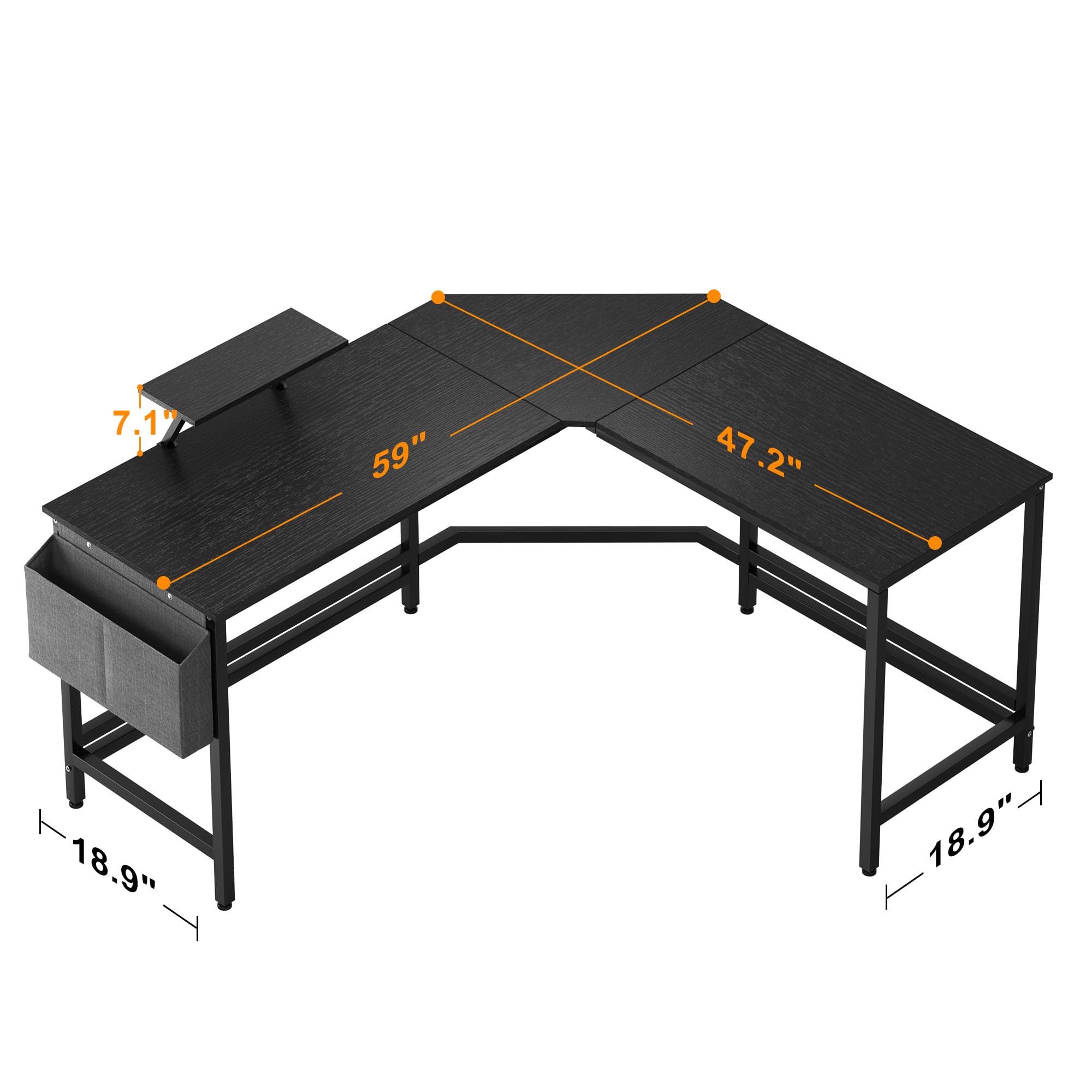 L-Shaped Desk with Side Storage Bag, 59 inch L Shape Computer Desk with Monitor Stand, Home Office Desk for Corner, Gaming Desk, Writing Desk, Reading Table, L Desk, Black