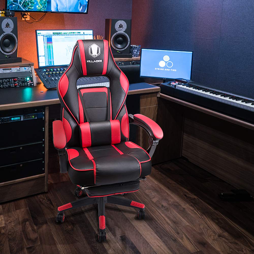 Massage Gaming Chair with Retractable Footrest - High Back PU Leather Racing Style