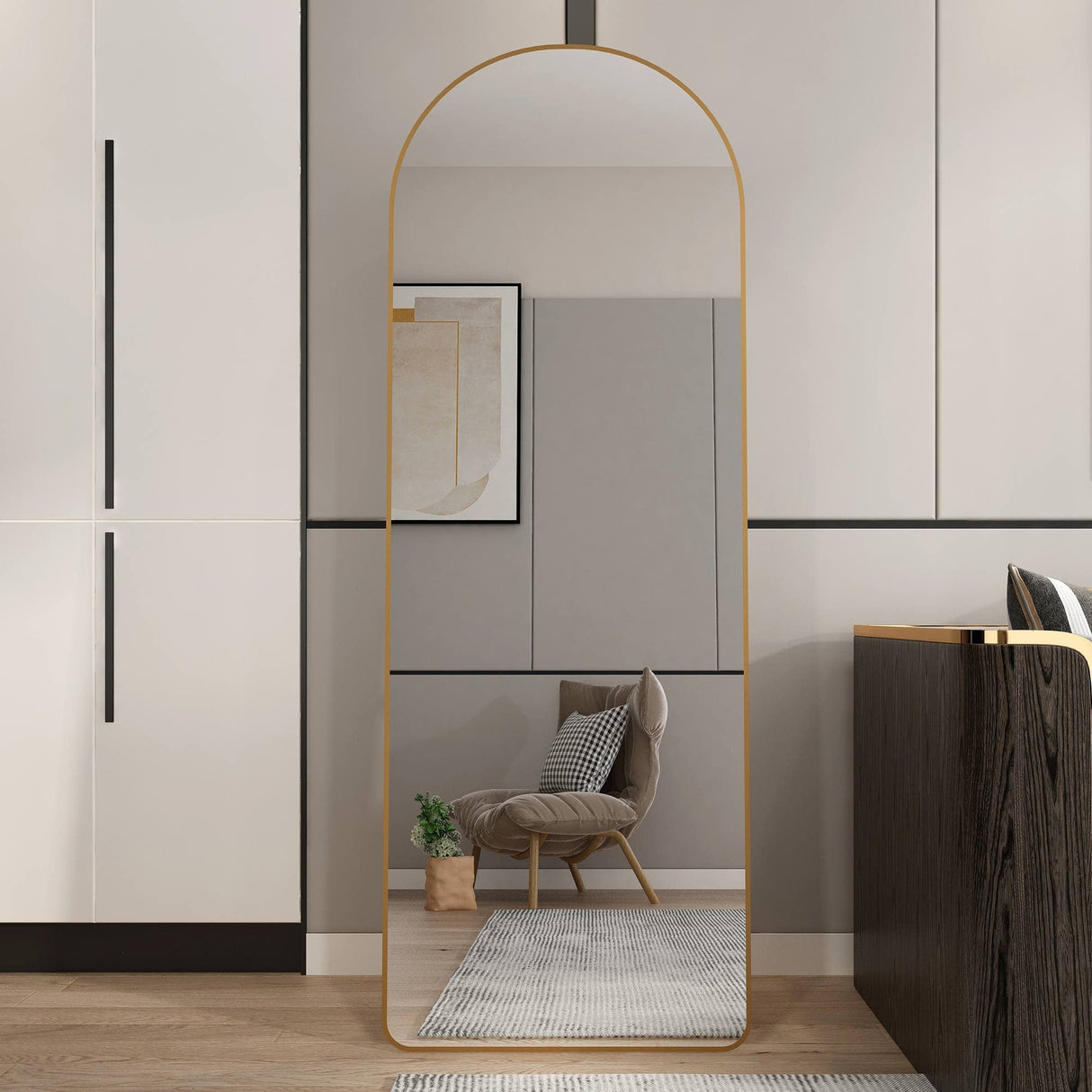 OOFUCF Modern Full Length Mirror, 60 * 16.5IN Arched Floor Mirror, Full Length Dressing Mirror with Metal Frame and Stand,Body Mirror for Living Room, Bedroom, Bathroom (Golden Arched, 60 * 16.5 in)