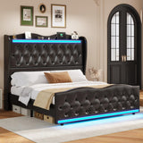 BTHFST Queen Size Bed Frame Tall Headboard with LED Lights & Charging Station, Upholstered Wing Headboard & Footboard, Heavy Duty Wooden Slats, No Box Spring Needed, Easy Assembly (Black, Queen)