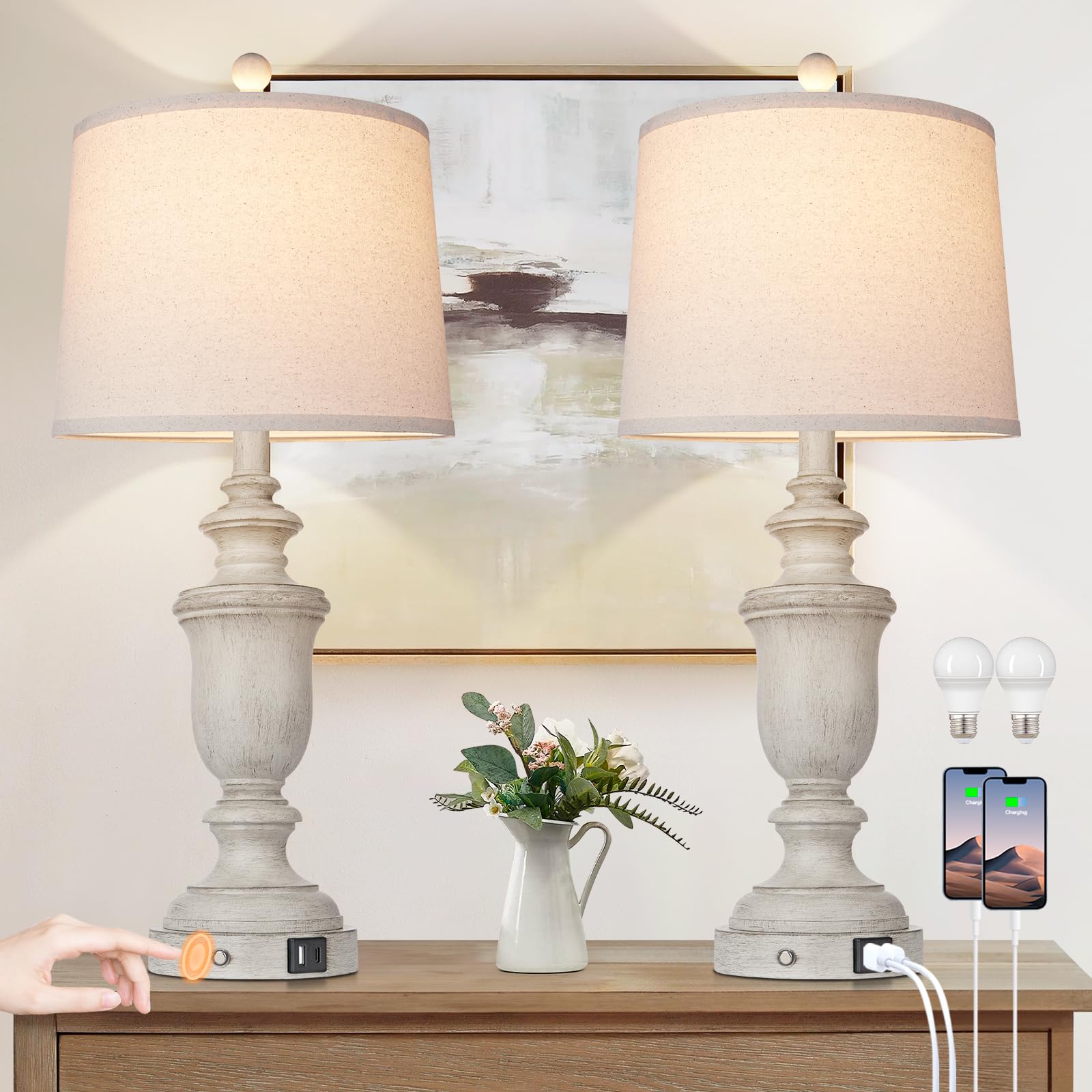 26" Farmhouse Table Lamps Set of 2, Bedside Lamps