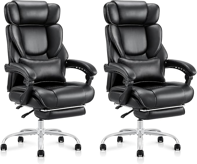 COLAMY Office Chair with Retractable Footrest, Ergonomic High Back Design Executive Computer Desk Chair with Removable Lumbar Pillow, 90-135°Reclining, Thick Bonded Leather for Home Office Work, Black