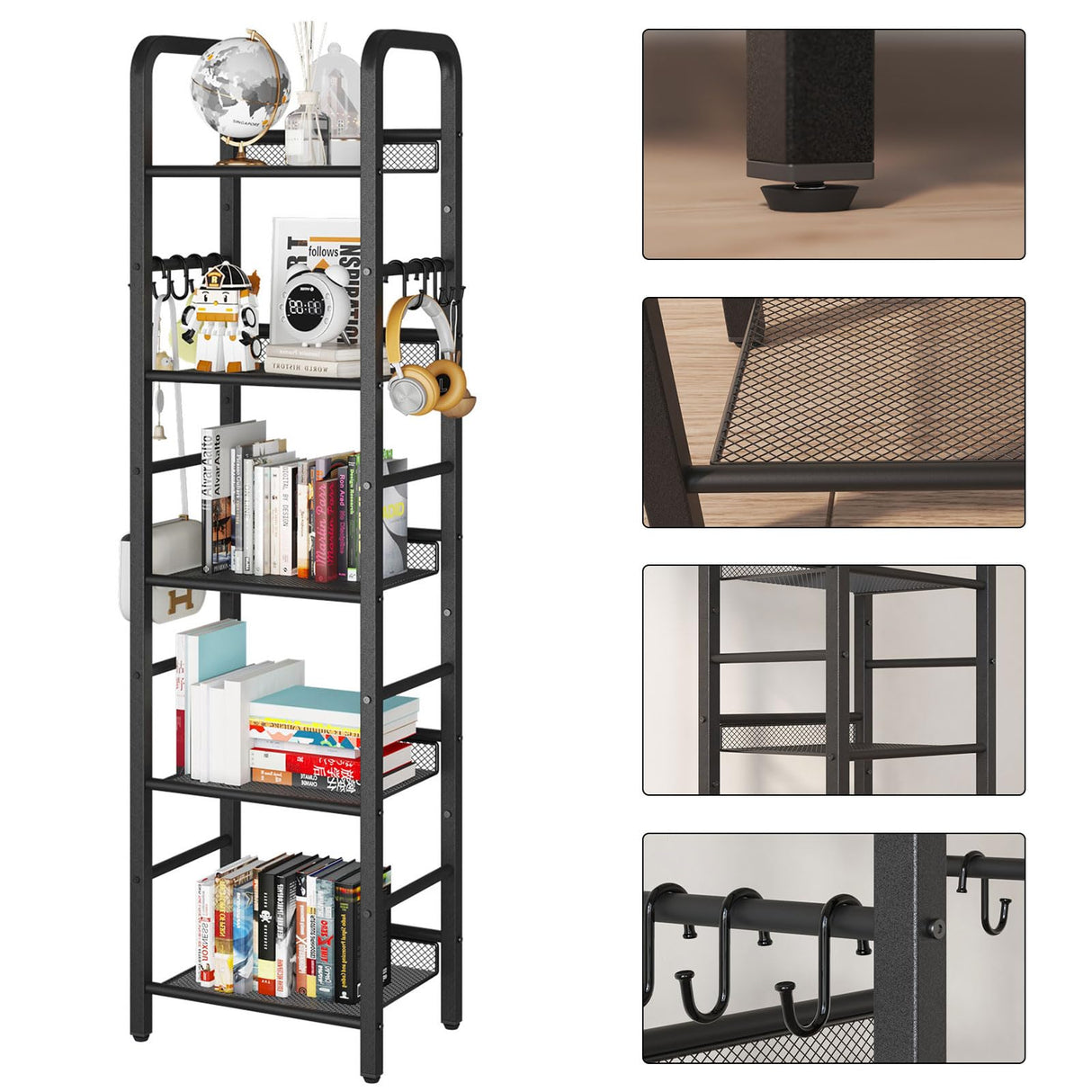 5 Tier Bookshelf, Freestanding Bookcase for Living Room, Bedroom, Home Office, Multi-Functional Storage Rack Organizer, Display Rack with Metal Frame, Rust Resistance, Black, UHBC055B