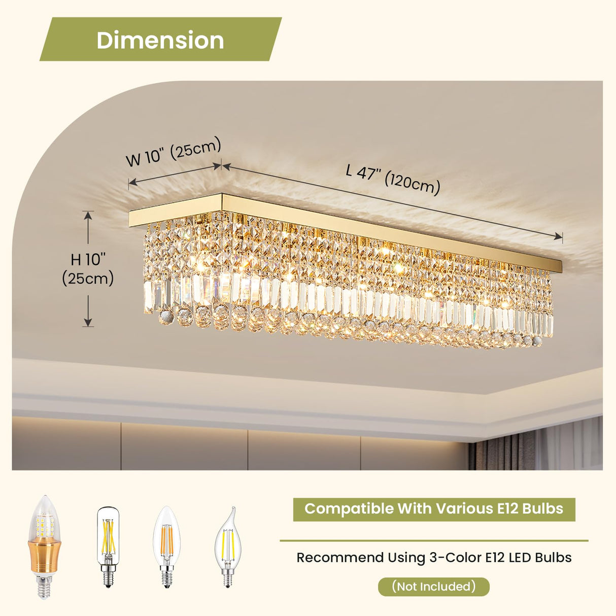 Modern Crystal Chandelier 10-Lights Gold Rectangular Raindrop Chandelier Luxury Large