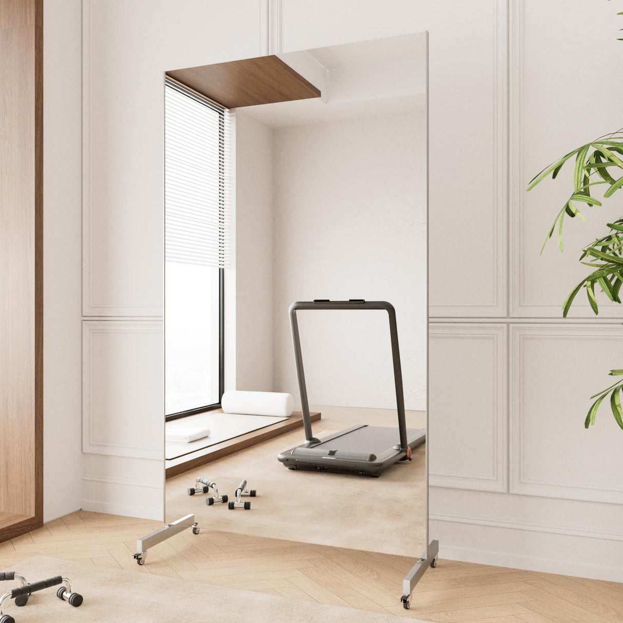 Home Gym Mirror 360° Swivel on Wheels, 67" X 40" Extra Large Full Body Rolling for Yoga