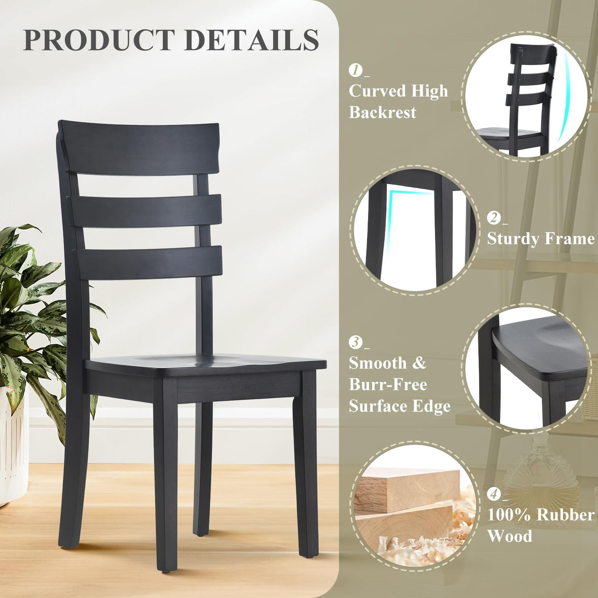 Wooden Dining Chairs Set of 2, Ladder High Back Kitchen Side Chair, Farmhouse Armless