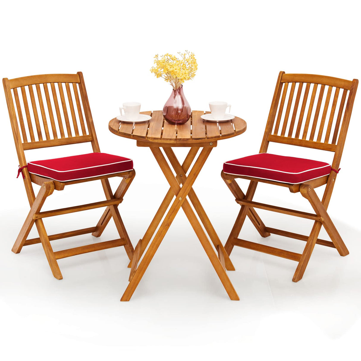 3Pcs Patio Bistro Set, Wood Folding Table Set, 2 Cushioned Chairs for Garden Yard