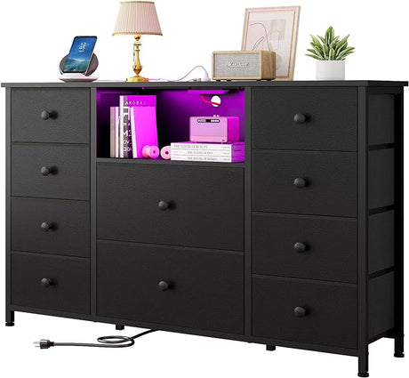 Dresser with Charging Station and LED Lights, Long Dresser for Bedroom Dresser