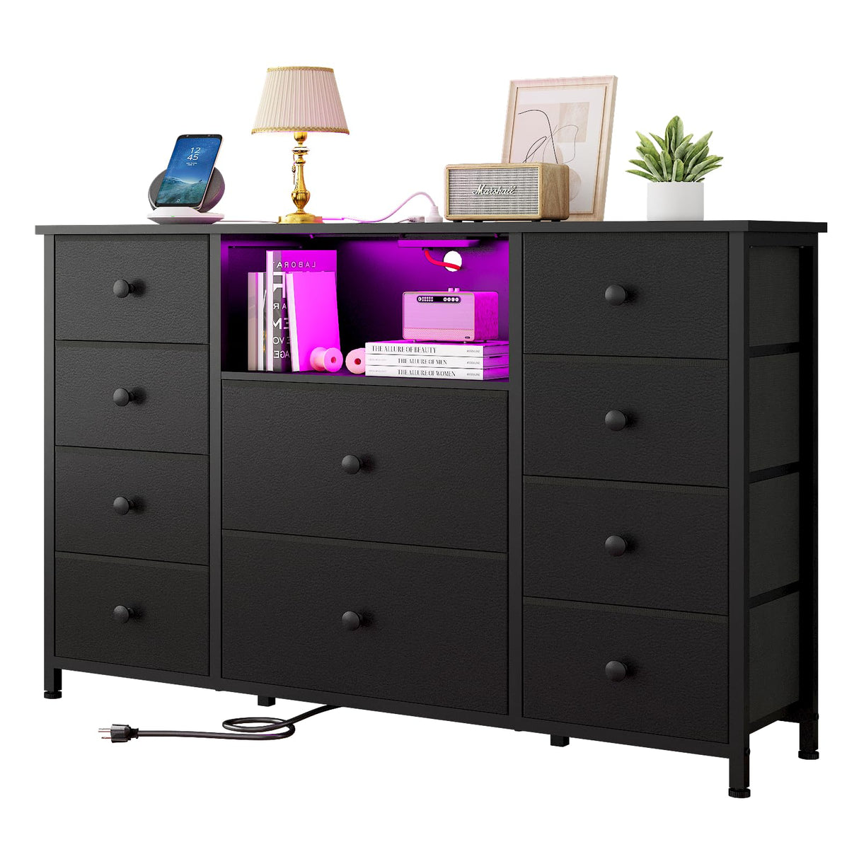 Dresser with Charging Station and LED Lights, Long Dresser for Bedroom