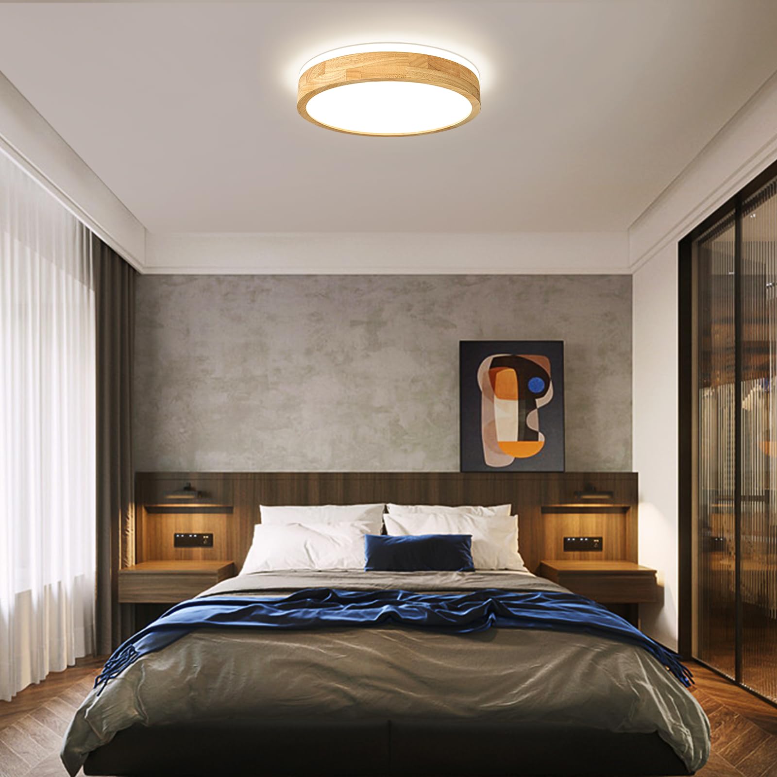Modern Dimmable Wood Flush Mount Ceiling Light - 15.74in Round LED