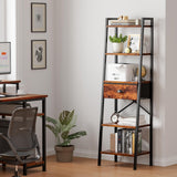 5 Tier Ladder Shelf with Drawer, Tall Bookshelf Storage Shelves, Bookcase Standing Shelf