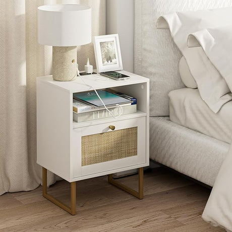 Rattan Nightstand,Modern Boho Farmhouse Wood Bedside Table with Storage Drawer and Open Shelf,Small Gold Frame Side End Table for Bedroom,Living Room,Office(White)