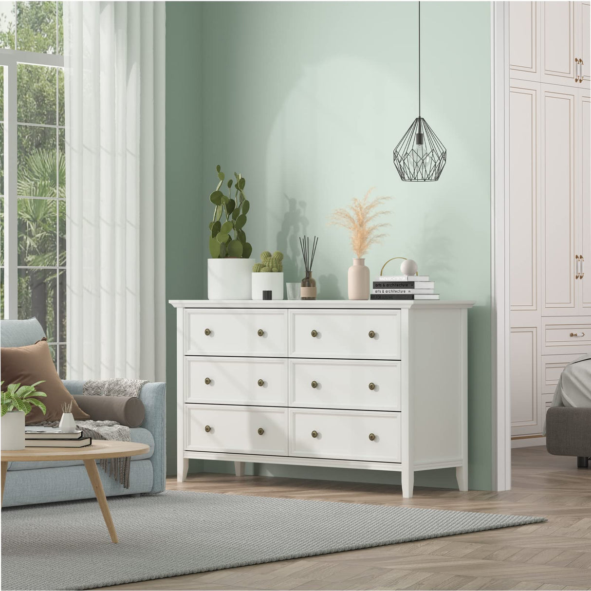 6 𝑫𝒓𝒂𝒘𝒆𝒓𝒔 𝑫𝒓𝒆𝒔𝒔𝒆𝒓, White 6 Drawer Dresser for Bedroom, Modern Solid Wood Chest