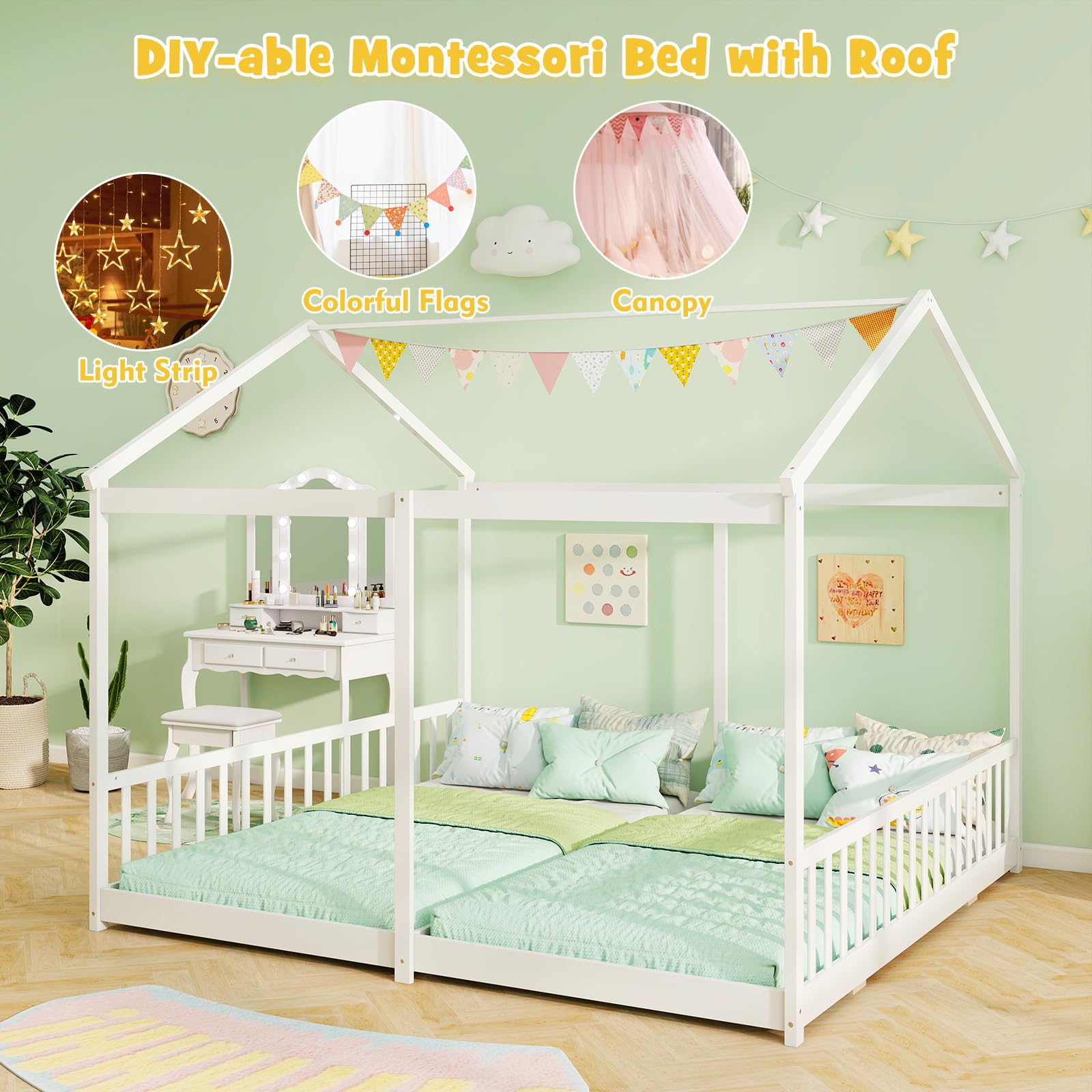 Twin Floor House Bed, House Platform Beds for 2 Kids, Double Montessori Floor Bed