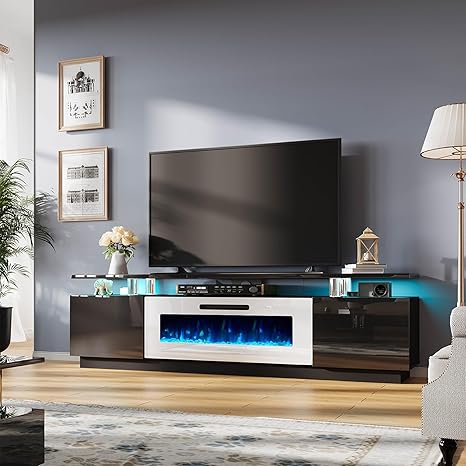 Fireplace TV Stand with 40" Fireplace, 80" Modern High Gloss Fireplace Entertainment