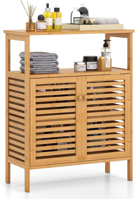 Bamboo Floor Cabinet, Bathroom Storage Cabinet with Double Slatted Doors, Open Shelf,