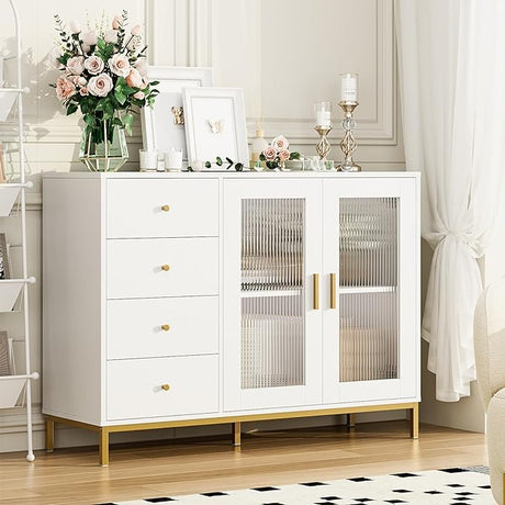 finetones Sideboard Buffet Cabinet with Storage, 47.2" White Gold Kitchen Cabinet with Fluted Glass Doors and Gold Metal Legs,