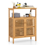 Bamboo Floor Cabinet, Bathroom Storage Cabinet with Double Slatted Doors, Open Shelf,