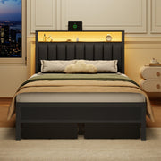 Full Size Bed Frame with Charging Station and LED Lights