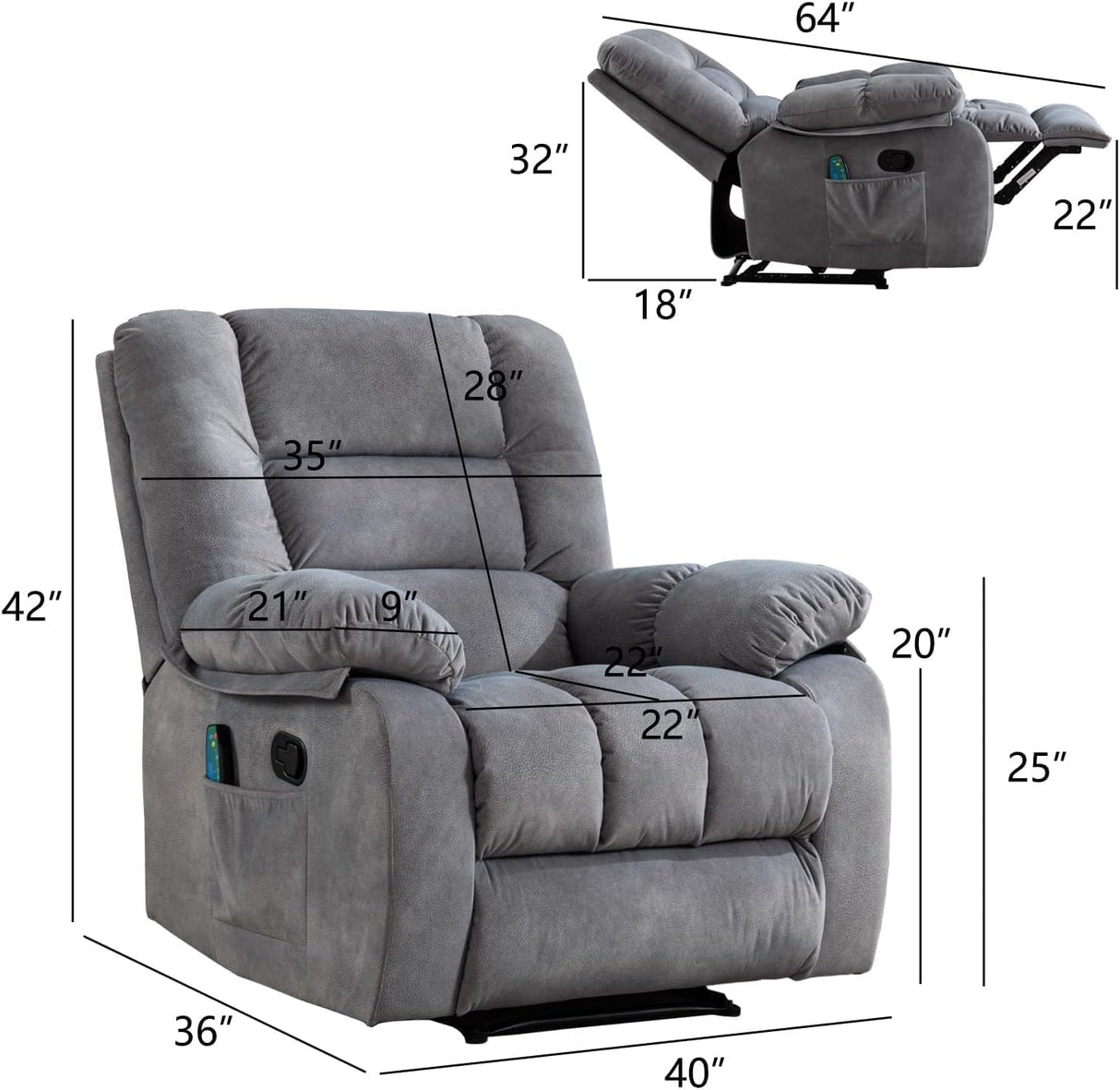 Overstuffed Massage Recliner Chairs with Heat and Vibration, Soft Fabric Single Manual