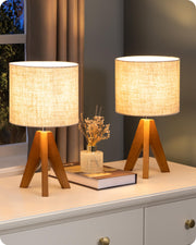 Wooden Tripod Table Lamp with Linen Shade - 14.2" Bedside Nightstand Lamp (2 Pack)
