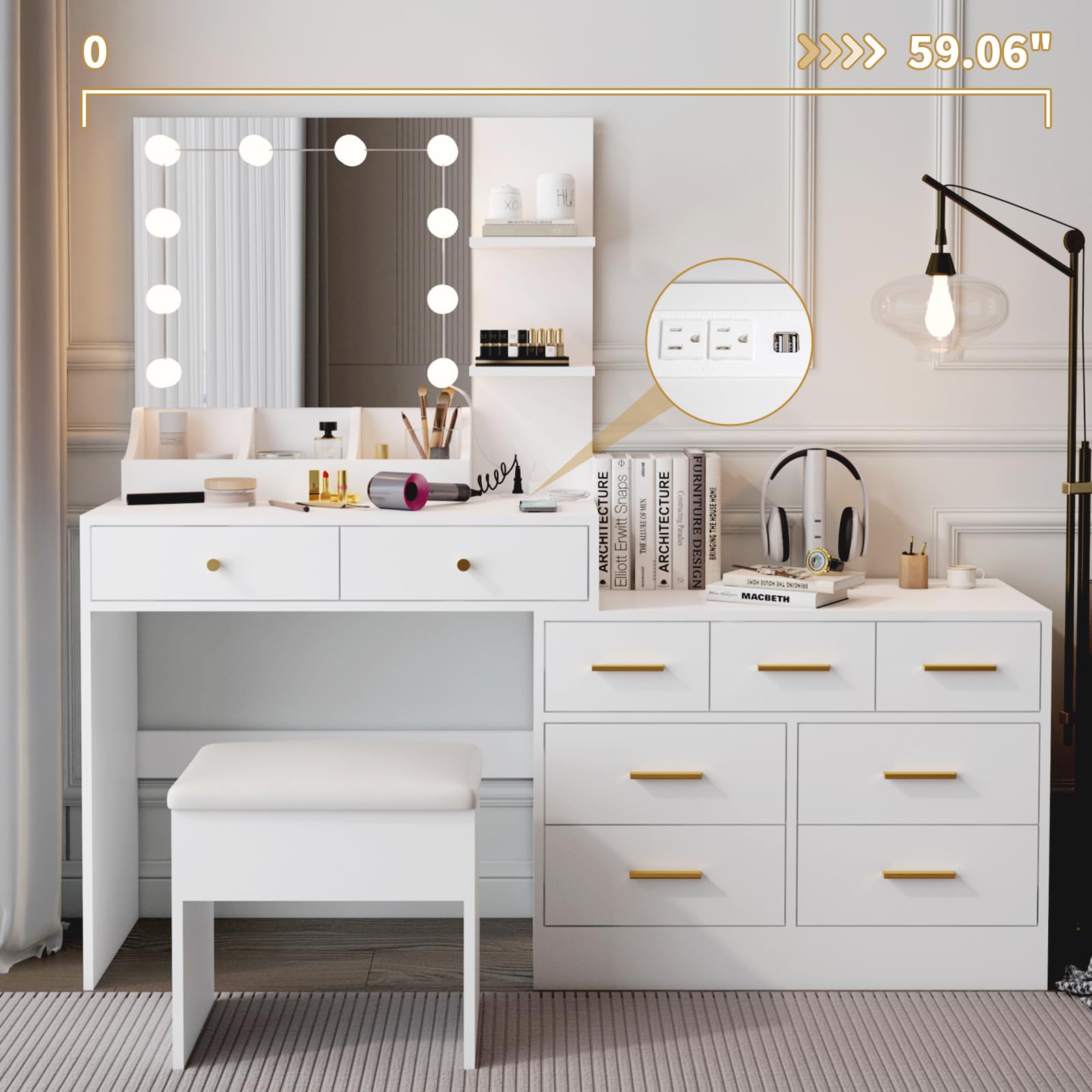 31.5in Large Makeup Vanity with Charging Station Dressing Table with Mirror and 10 LED Light Bulbs Vanity Desk Set