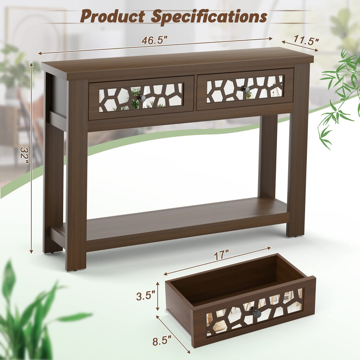 2-tier Console Table with Drawers, Wood Entryway Table with 2 Drawers & Open Storage Shelf for Living Room Entryway,