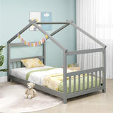 Bed Frame, Kids Low Loft Bed Frame with Roof, Side Windows & Ladder, Wooden Slatted