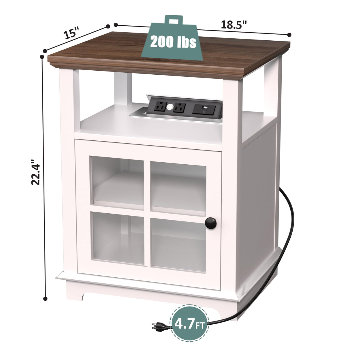 End Table with Charging Station, Side Table with Storage, White Nightstand