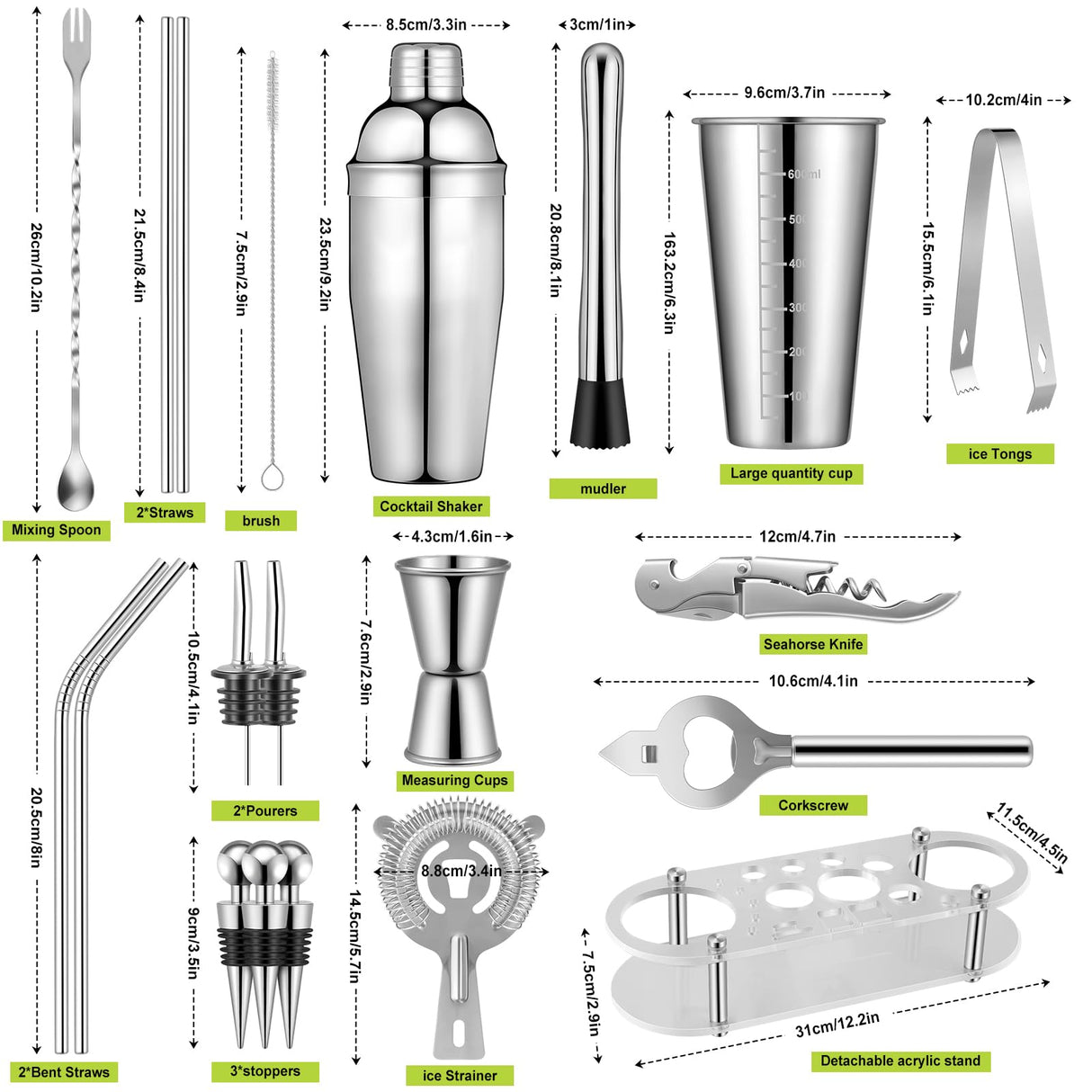 26 Piece Cocktail Shaker Bar Set, Stainless Steel Bartender Kit with Acrylic Stand