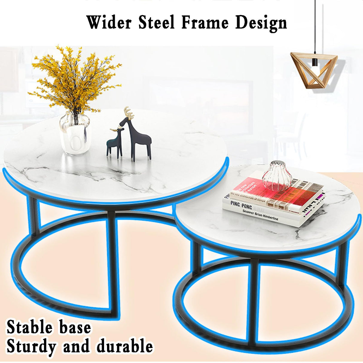 Modern Round Nesting Coffee Table Set of 2, Marbling Stack Side Tables, End Tables