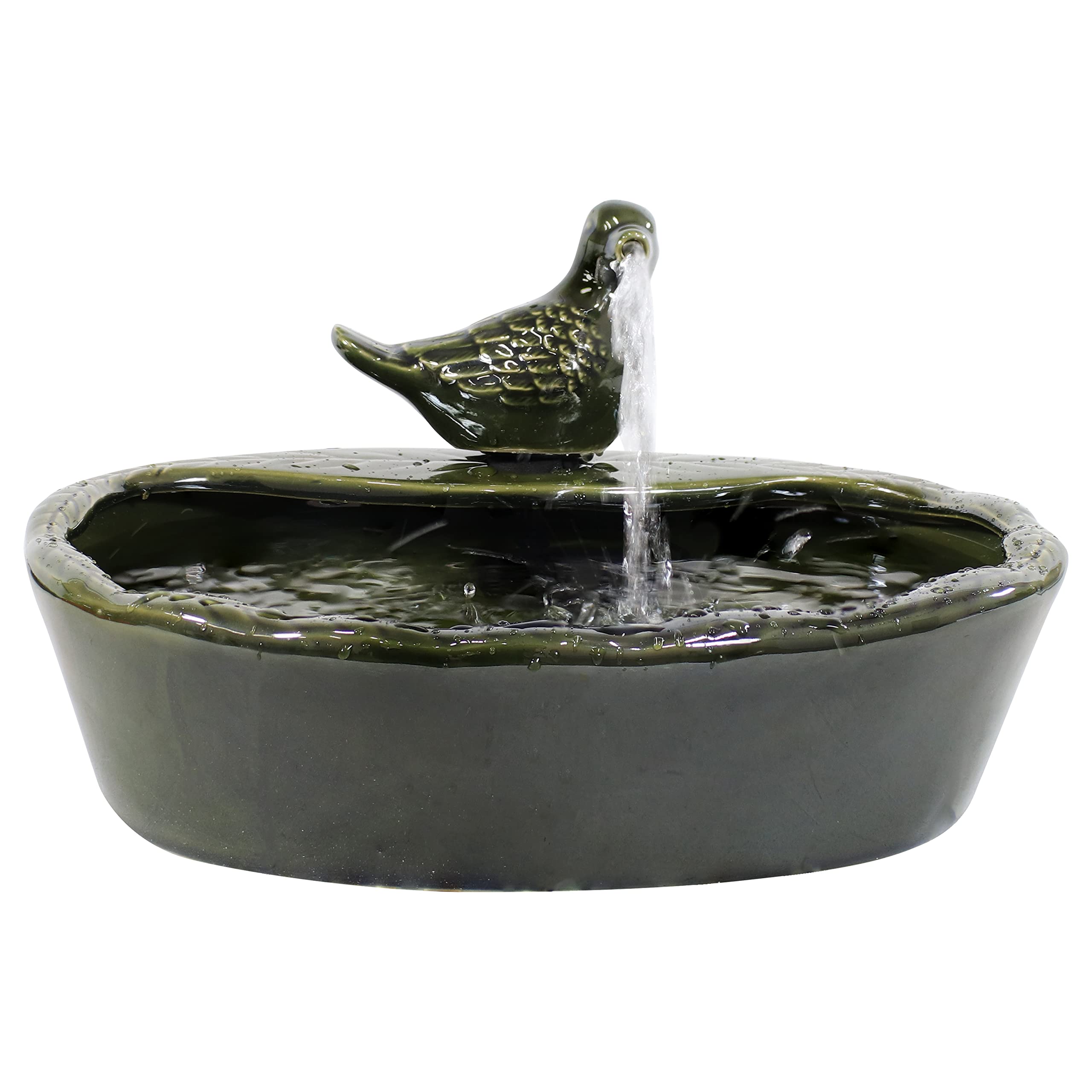 Ceramic Dove 7-Inch Solar-Powered Water Fountain - Green Glaze - Low-Voltage
