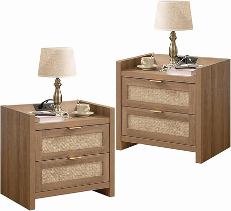 Night Stand Set of 2 - Rattan Nightstands with Type-C Charging Station, 2 Rattan Drawers