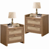 Night Stand Set of 2 - Rattan Nightstands with Type-C Charging Station, 2 Rattan Drawers