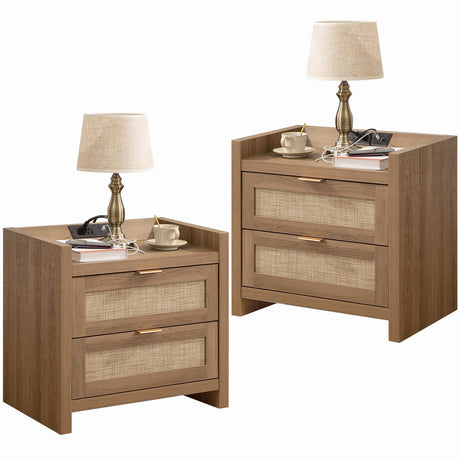 Night Stand Set of 2 - Rattan Nightstands with Type-C Charging Station, 2 Rattan Drawers