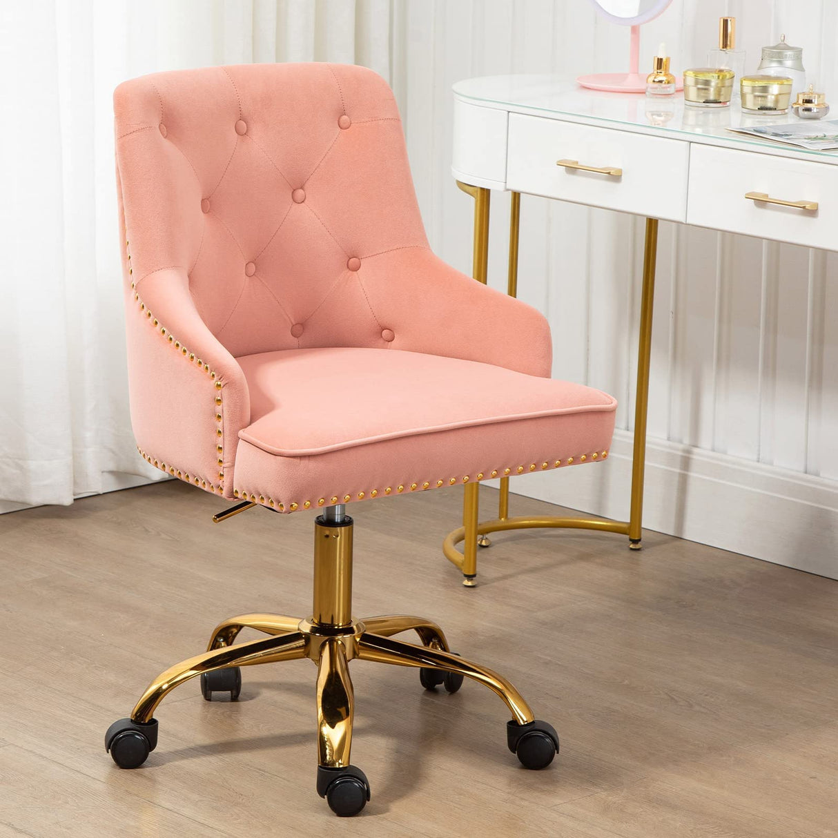 Modern Mid-Back Velvet Office Chair, Swivel Height-Adjustable Pink Vanity Chair