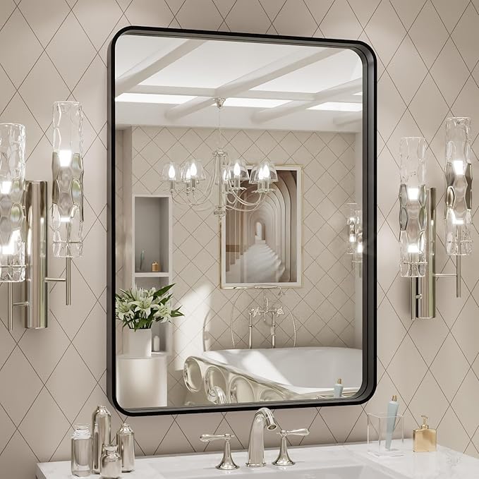 24X32 Inch Brushed Nickel Bathroom Mirror, Rounded Rectangle Silver Metal Frame Mirror,