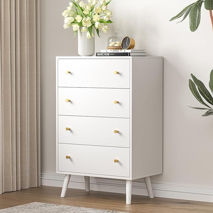 White Dresser for Bedroom, Modern 6 Drawer Dresser, Wide Chest of Drawers with Gold