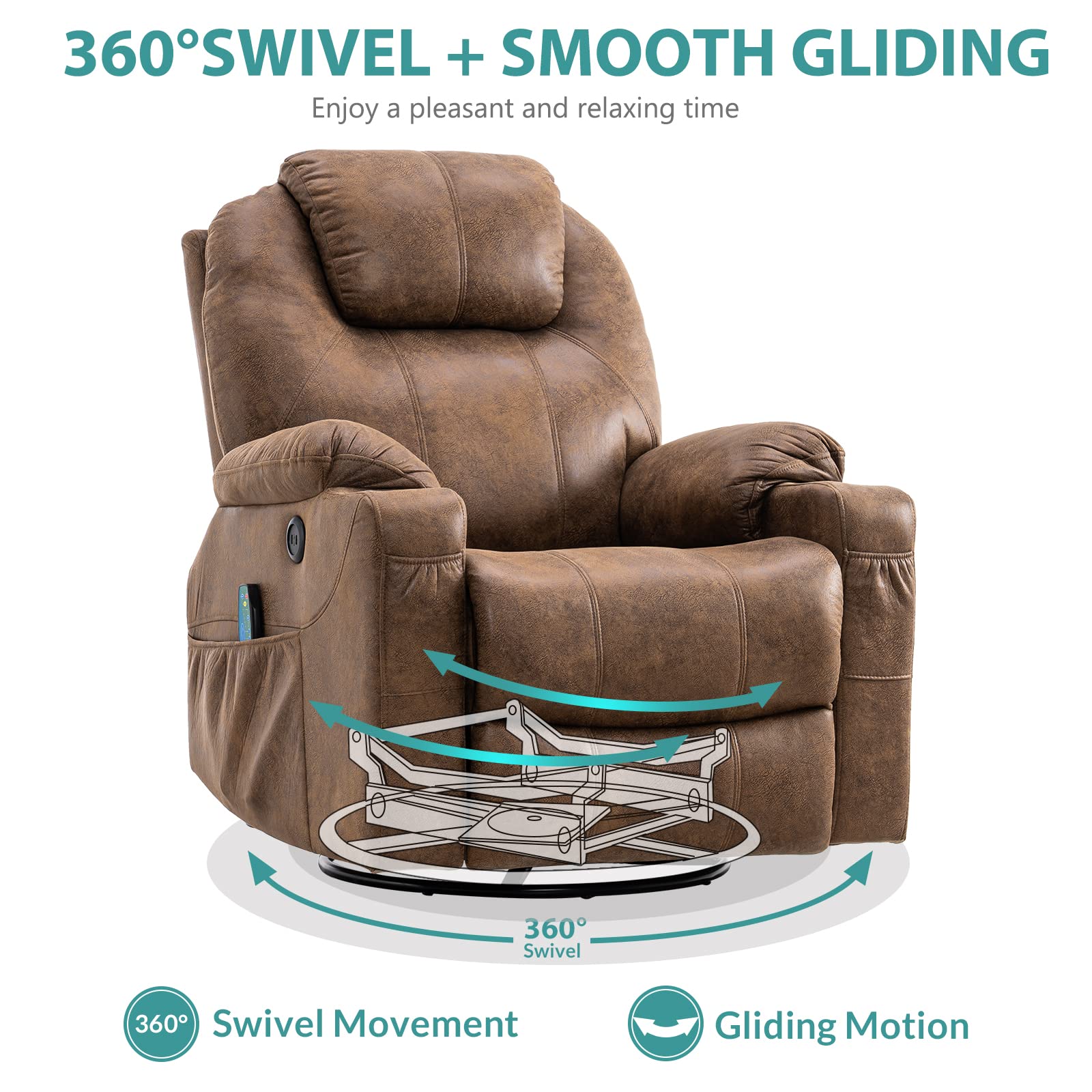 MeetWarm Swivel Massage Recliner – Bronzing Suede, Heat, USB, Cup Holders