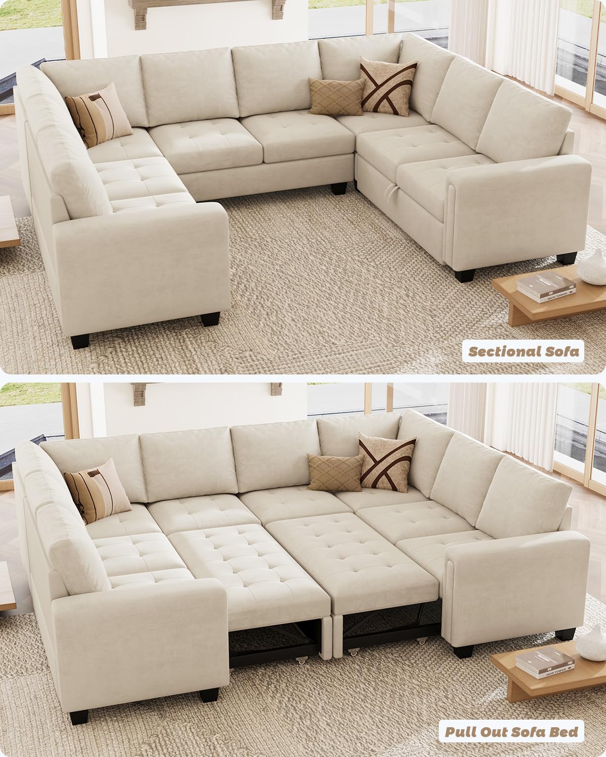 Belffin Modular Sectional Sleeper Sofa with Pull Out Couch Bed Oversized U Shaped Sectional Couches for Living Room Velvet Modular Sleeper Sofa Bed Beige