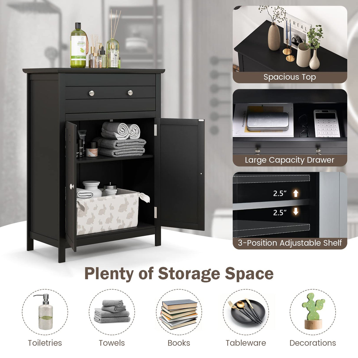 Bathroom Floor Cabinet, Freestanding Wooden Storage Cabinet with Large Drawer and Cabinet,