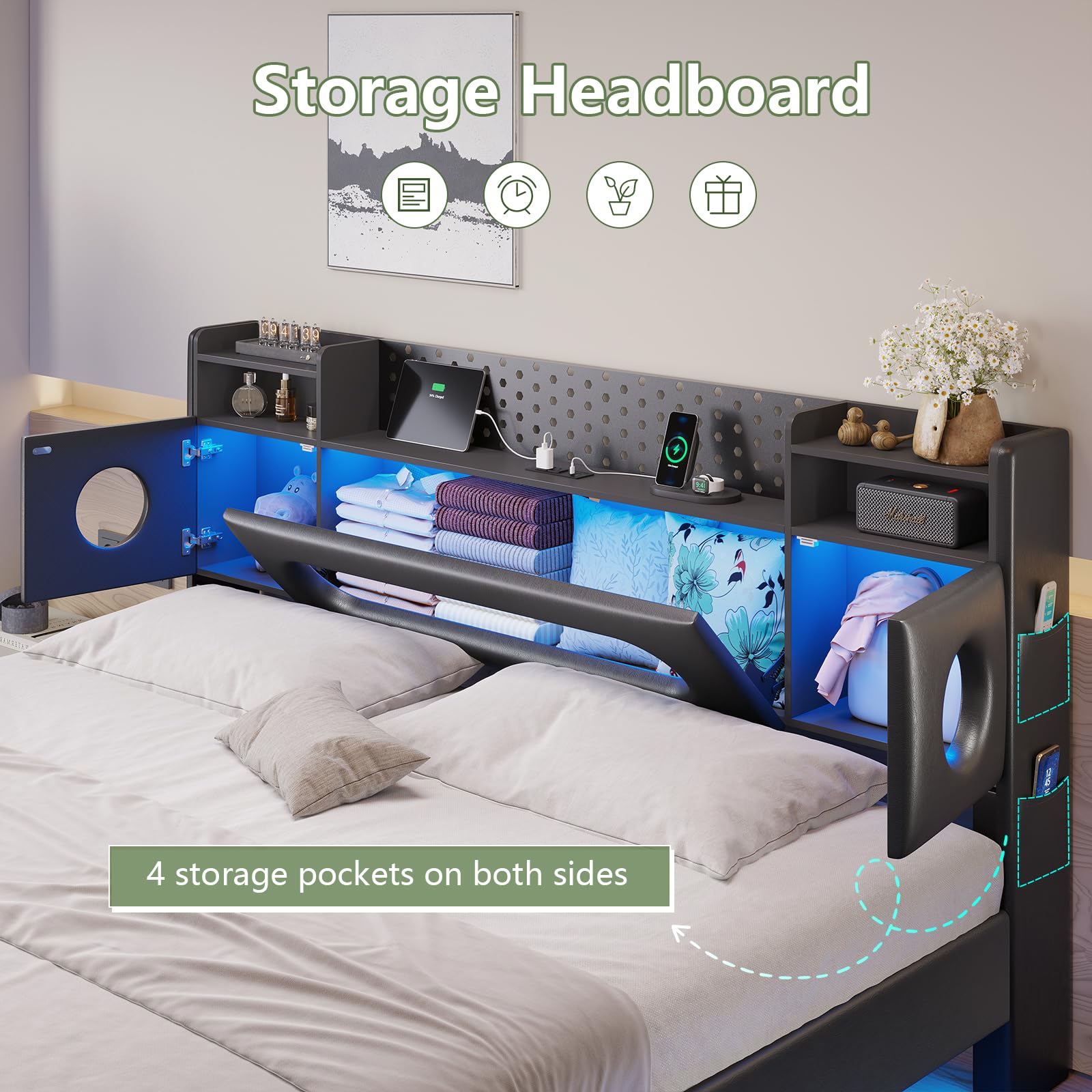 Floating Queen Bed Frame with LED Lights & Charging Station