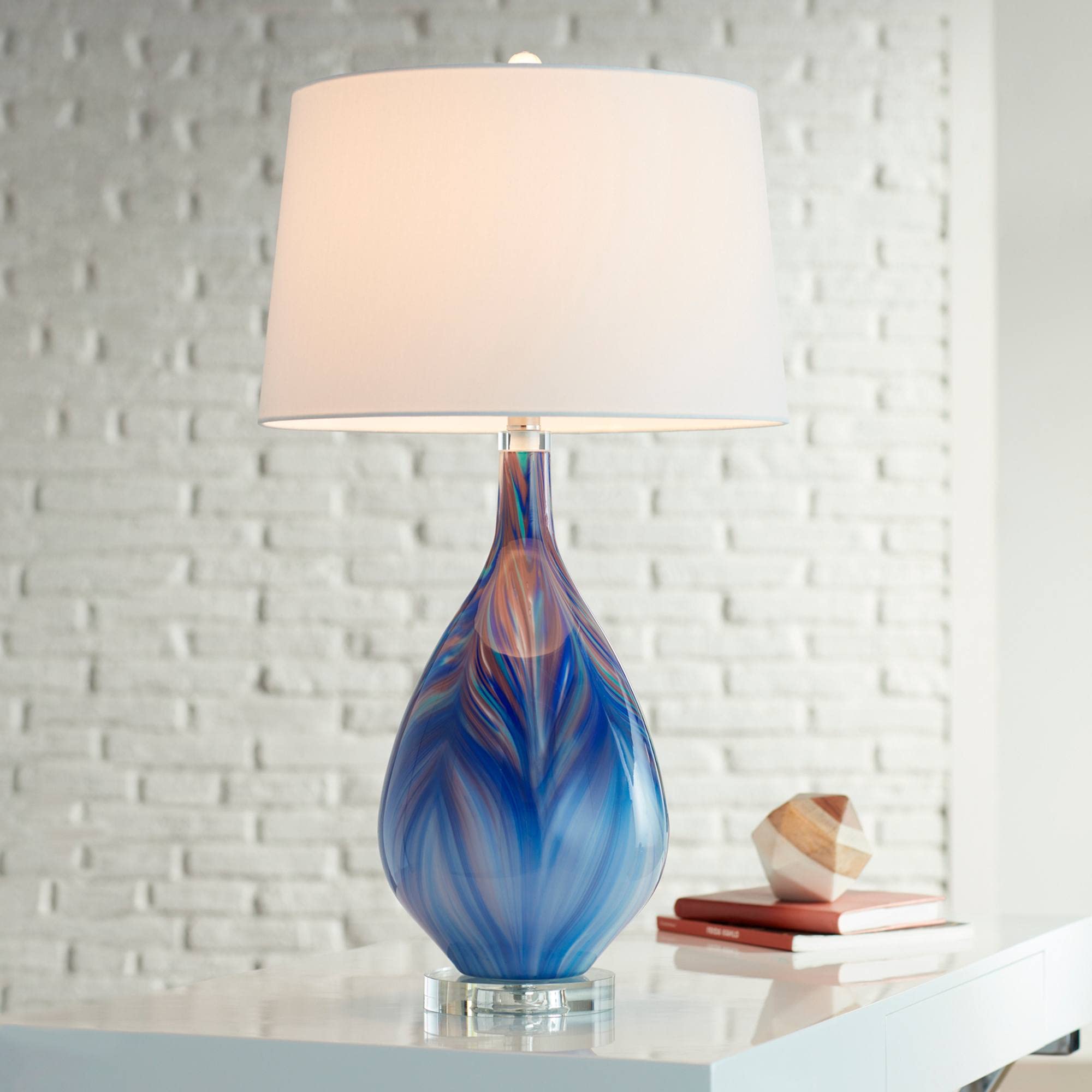 Taylor 29" Tall Teardrop Modern Coastal End Table Lamp Blue Art Glass Single Fabric