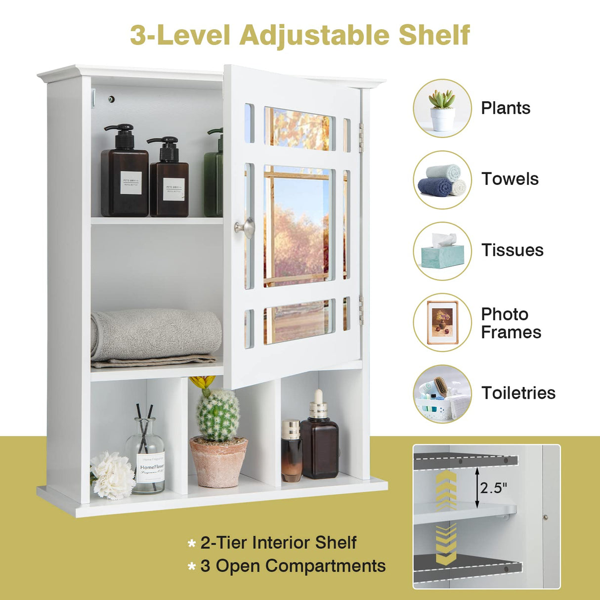 Bathroom Medicine Cabinet with Mirror, Wall Mounted Hanging Storage Organizer with Adjustable Shelf
