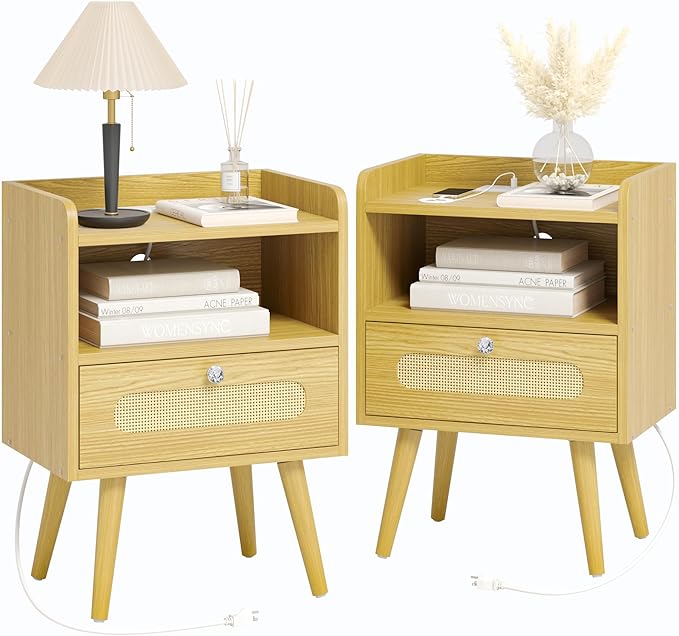 Diamond Décor Nightstands Set of 2 with Charging Station, Rattan Bedside