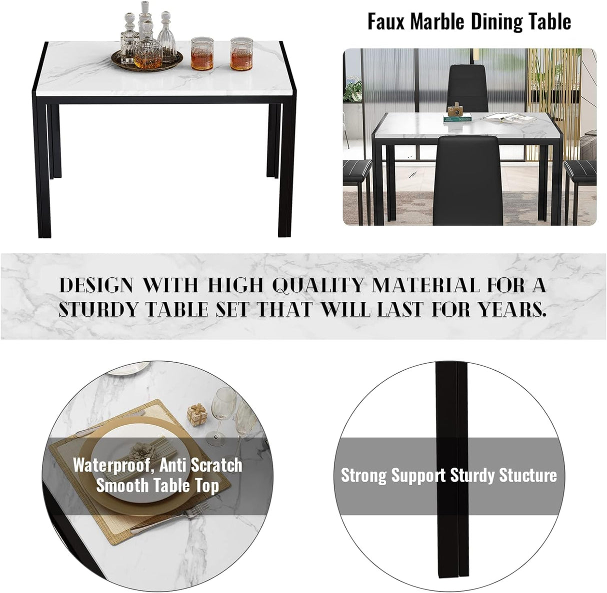 Faux Marble Dining Table Set for 4,5 Piece Dining Room Table Set,Rectangular Table