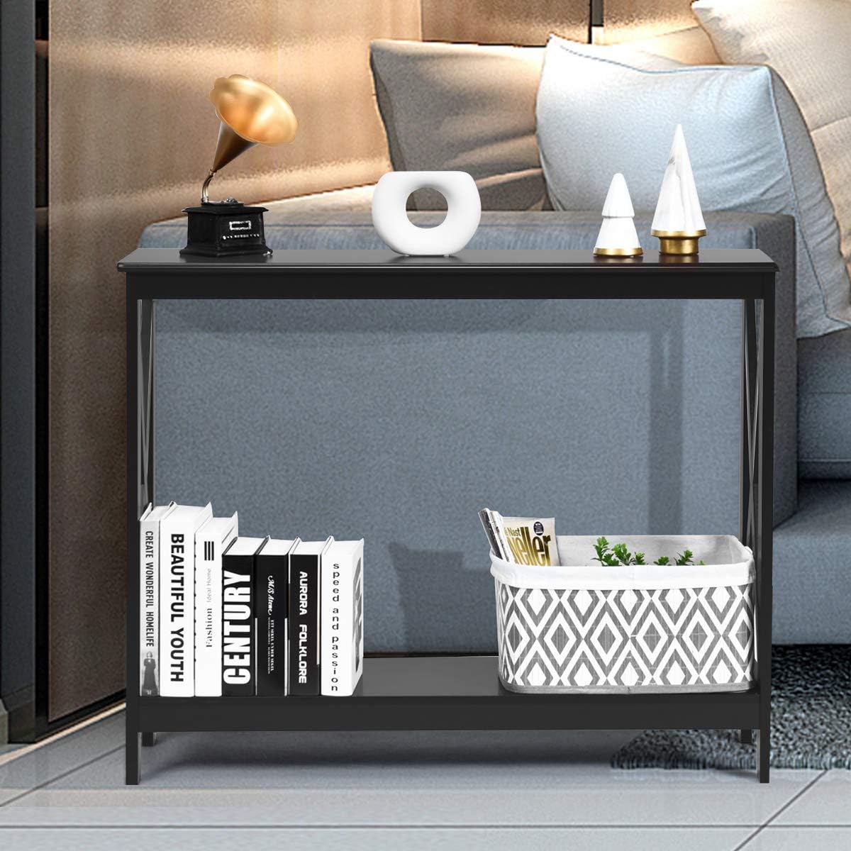 Console Table 2-Tier with Storage Shelf,X-Design Bookshelf Narrow Accent Table