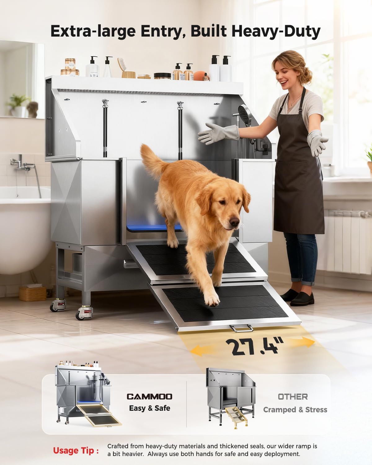 61" Professional Dog Washing Station - Stainless Steel with Ramp & Wheels